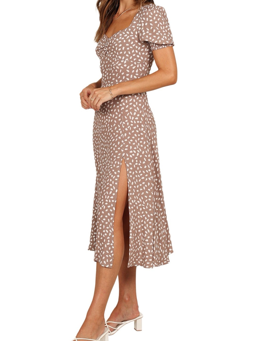 Franklin Print Puff Sleeve Midi Dress Mocha Size 2 - Picture 3 of 15